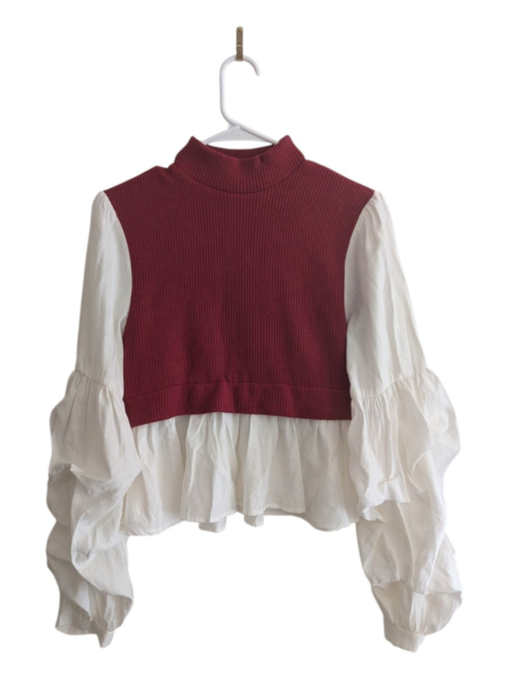 Anthropologie Burgundy White Mock Neck Puff Sleeve Peplum Sweater Blouse M - Picture 2 of 6